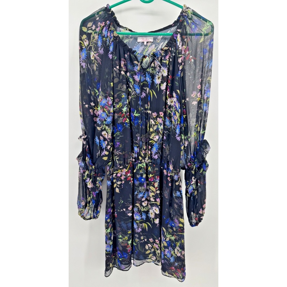 Parker Black Floral Silk Mini Dress Sheer Sleeve Boho Peasant P71295PCF Small